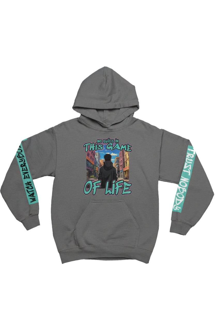 Gray hoodie with graphic design and text on a white background